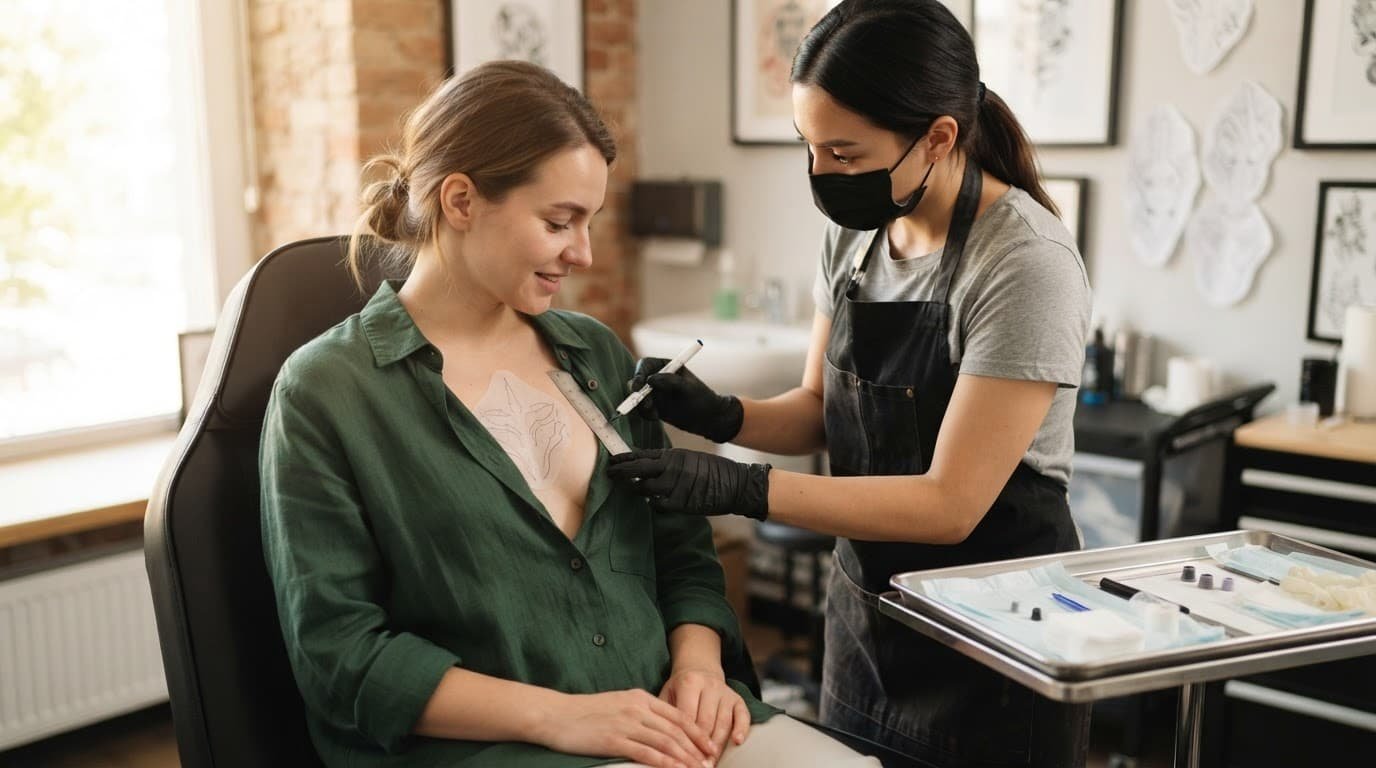 An artist measures a client's covered chest beside sterile tattoo supplies.