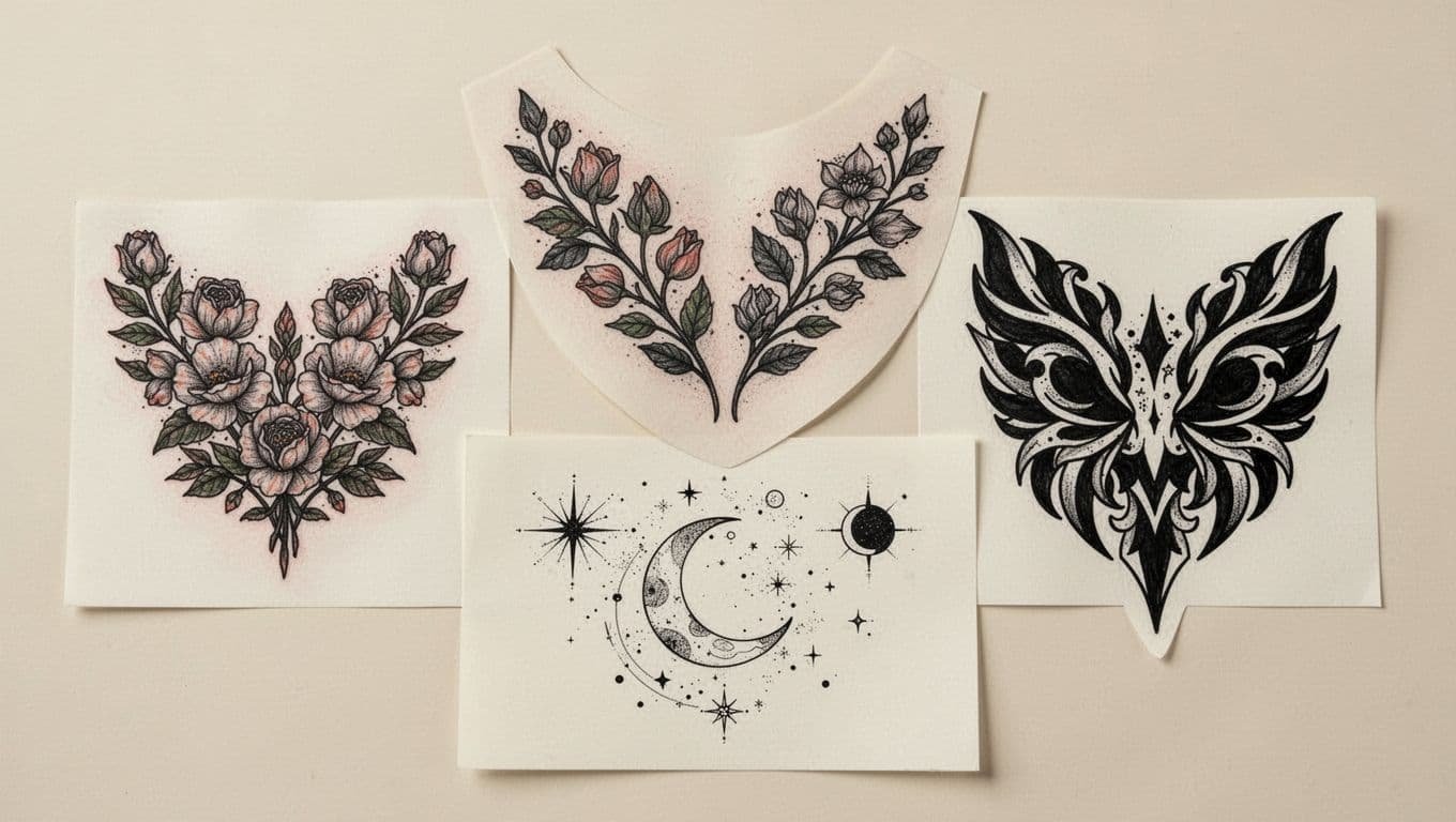 Four sternum tattoo layouts show floral, botanical, celestial, and blackwork styles on ivory.