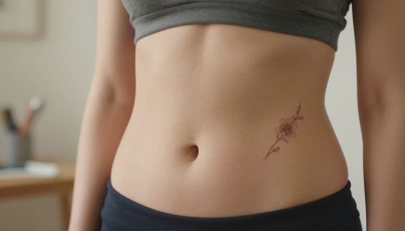 A floral tattoo stencil is positioned near a woman's lower stomach in a calm studio.