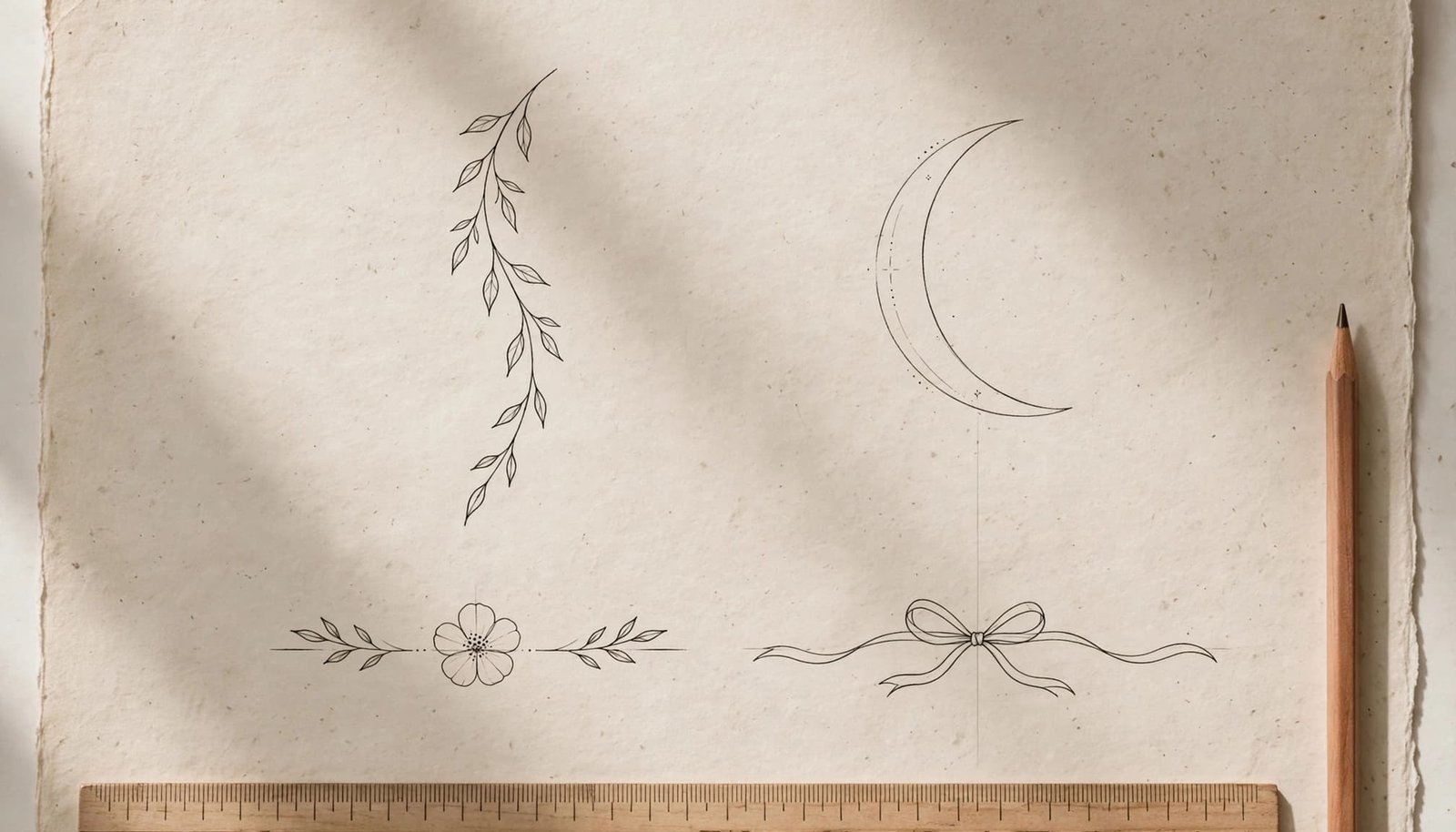 Four stomach tattoo sketches, including a flower, moon, bow, and vine, sit beside a ruler and pencil.