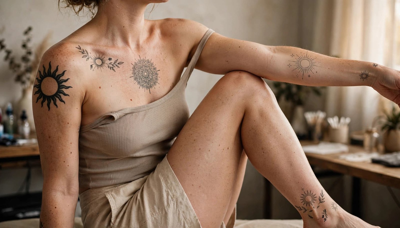 Tattooed adult showing different sun designs on the arms, torso, shoulder, wrist, and ankle.