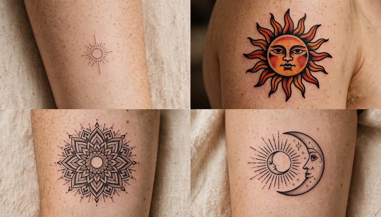 Four sun tattoo styles shown in close-up on clean skin.