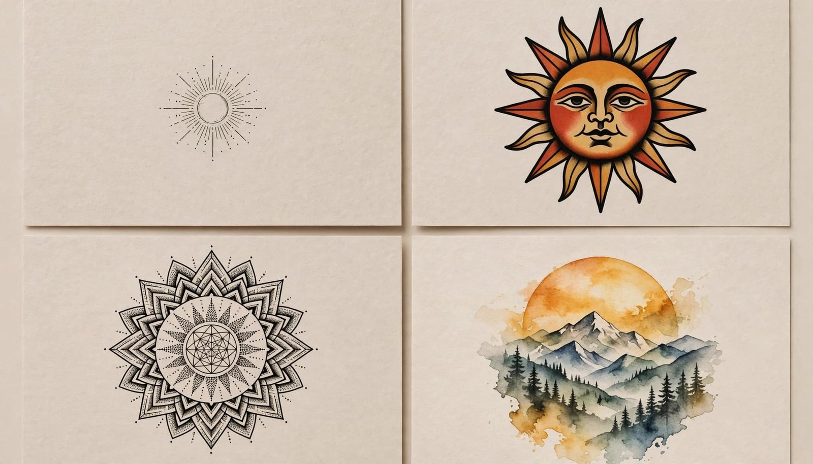 Four sun tattoo designs show fine-line, traditional, mandala, and watercolor mountain styles.