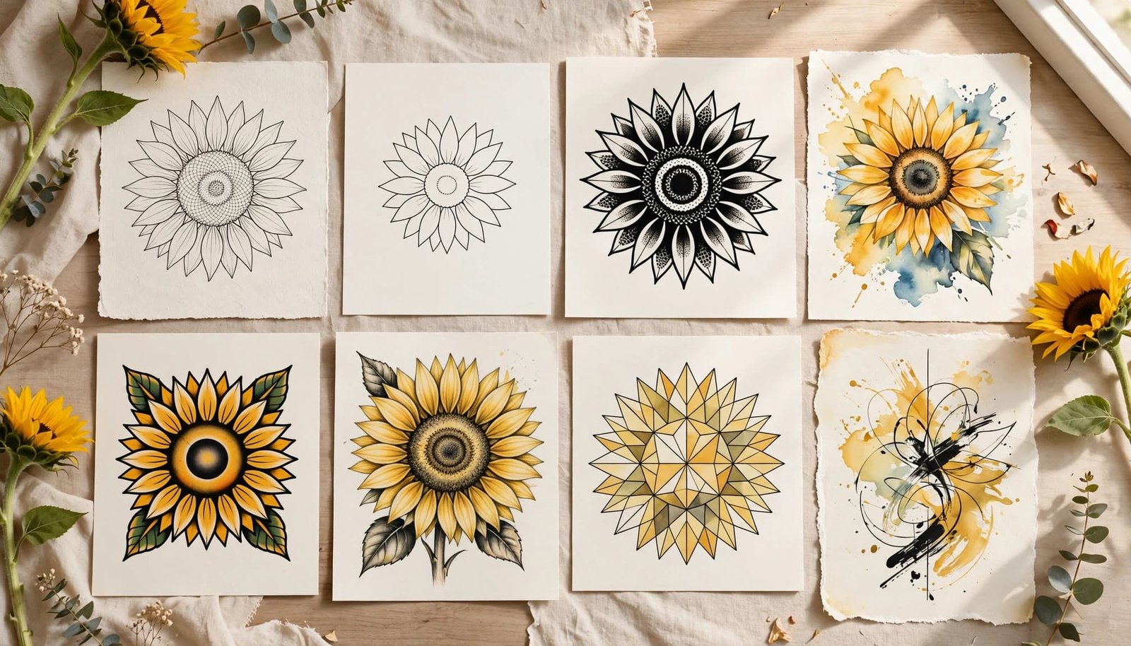 Eight sunflower tattoo designs in different artistic styles arranged on a tabletop.