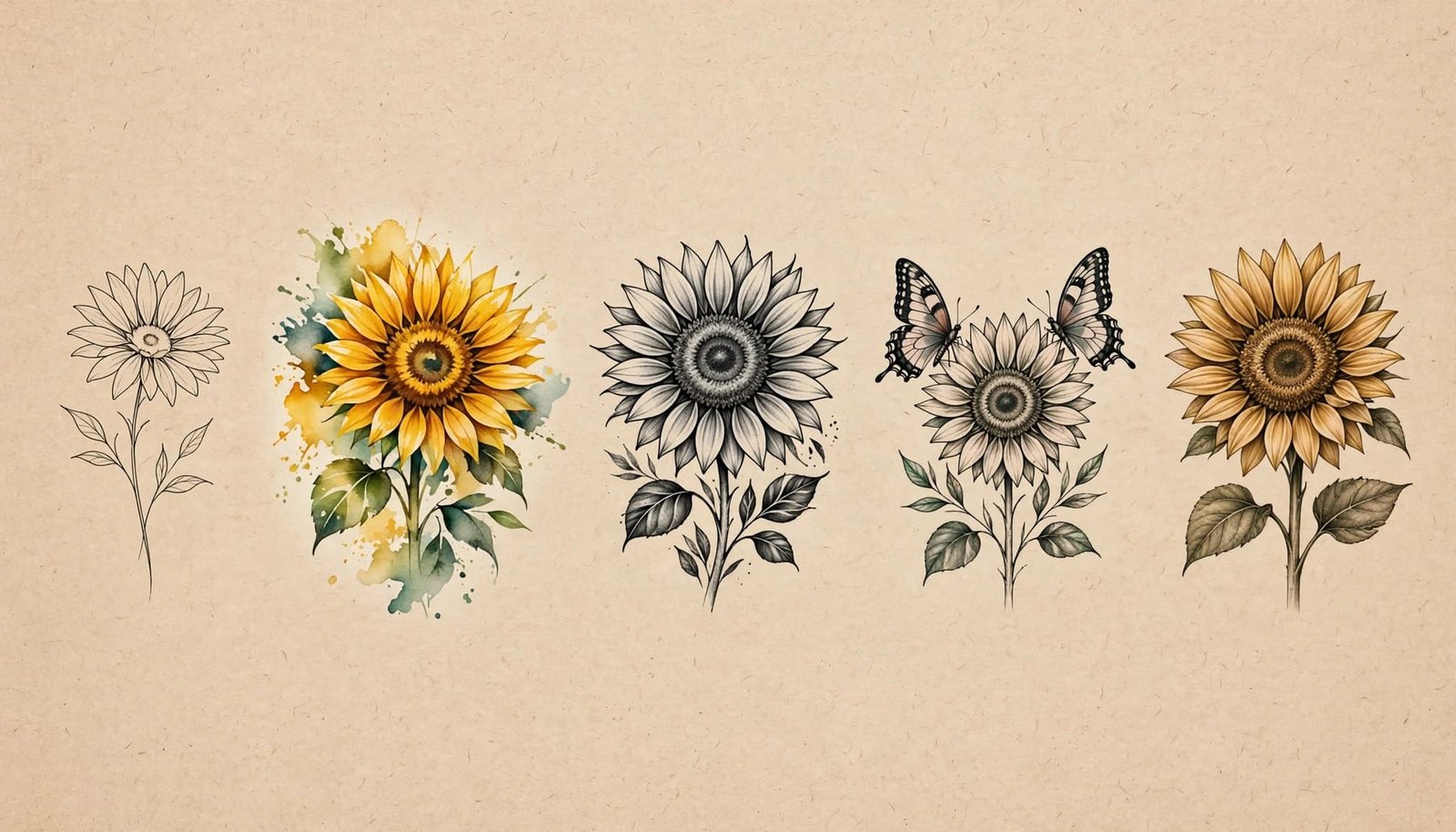 Five sunflower tattoo designs in fine-line, watercolor, memorial, butterfly, and realistic styles.
