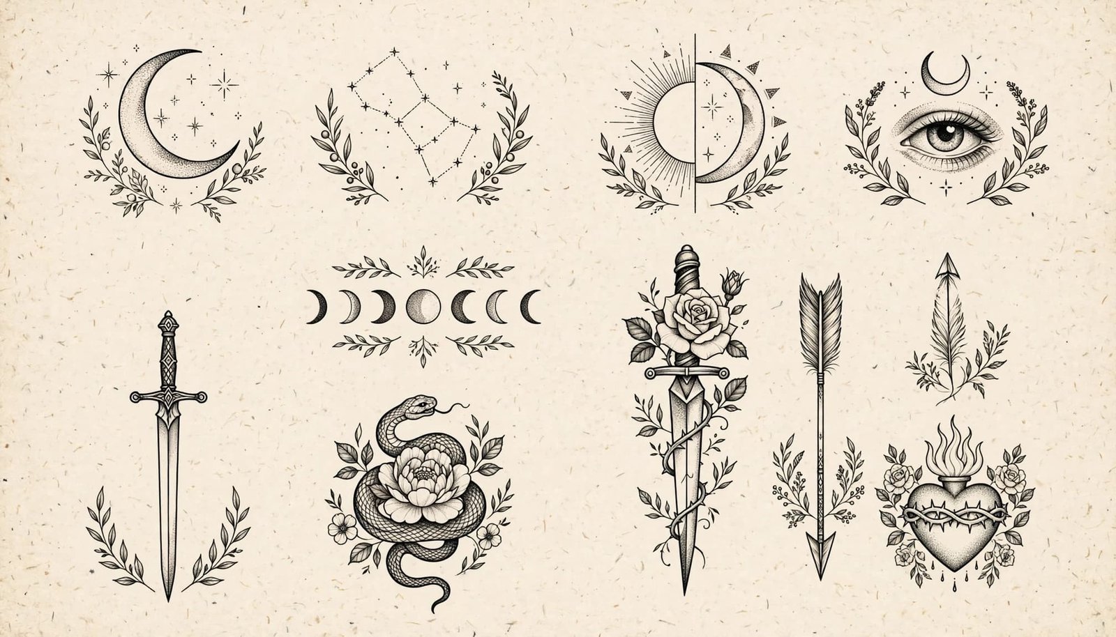 Ten fine-line celestial and symbolic tattoo designs arranged on ivory paper.