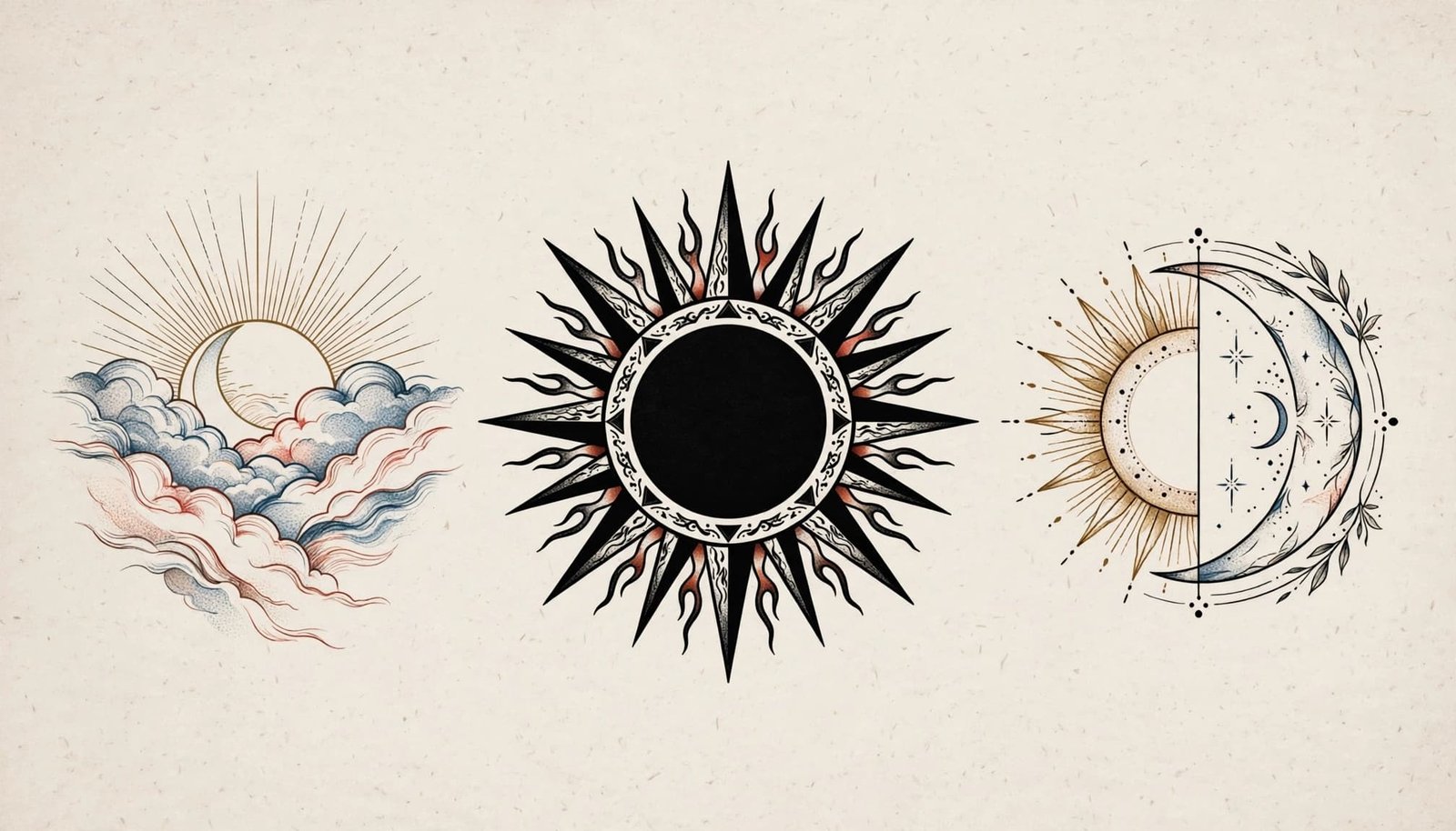 Three sun tattoo designs show a sunrise, blackwork rays, and a sun-and-moon symbol.