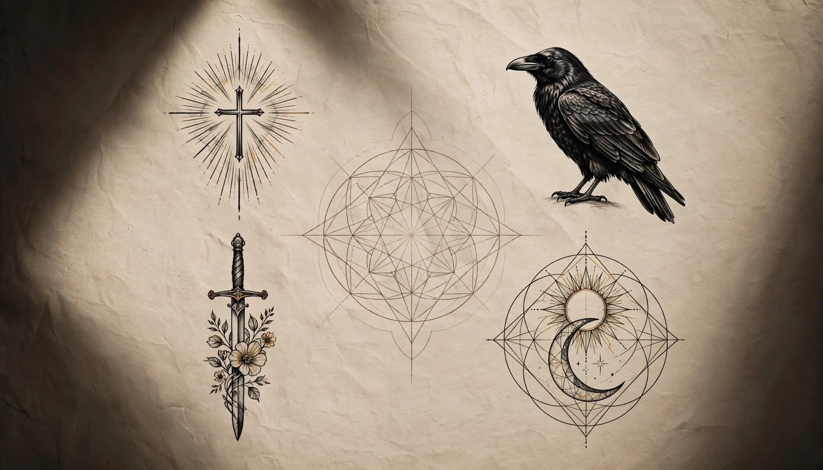 Four black-ink tattoo designs show a cross, raven, floral sword, and sun-moon symbol.