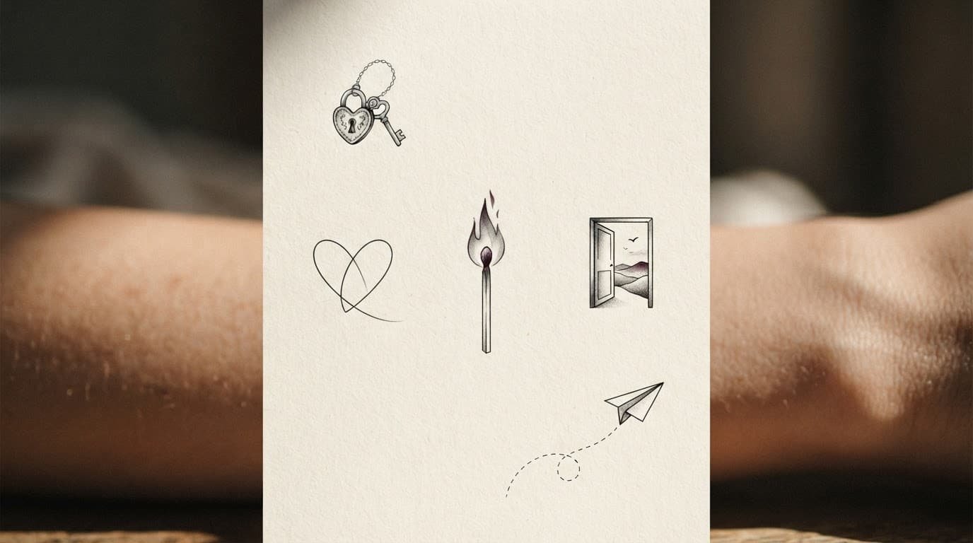 Five symbolic tattoo sketches arranged on warm paper, including a lock, heart, flame, doorway, and airplane.