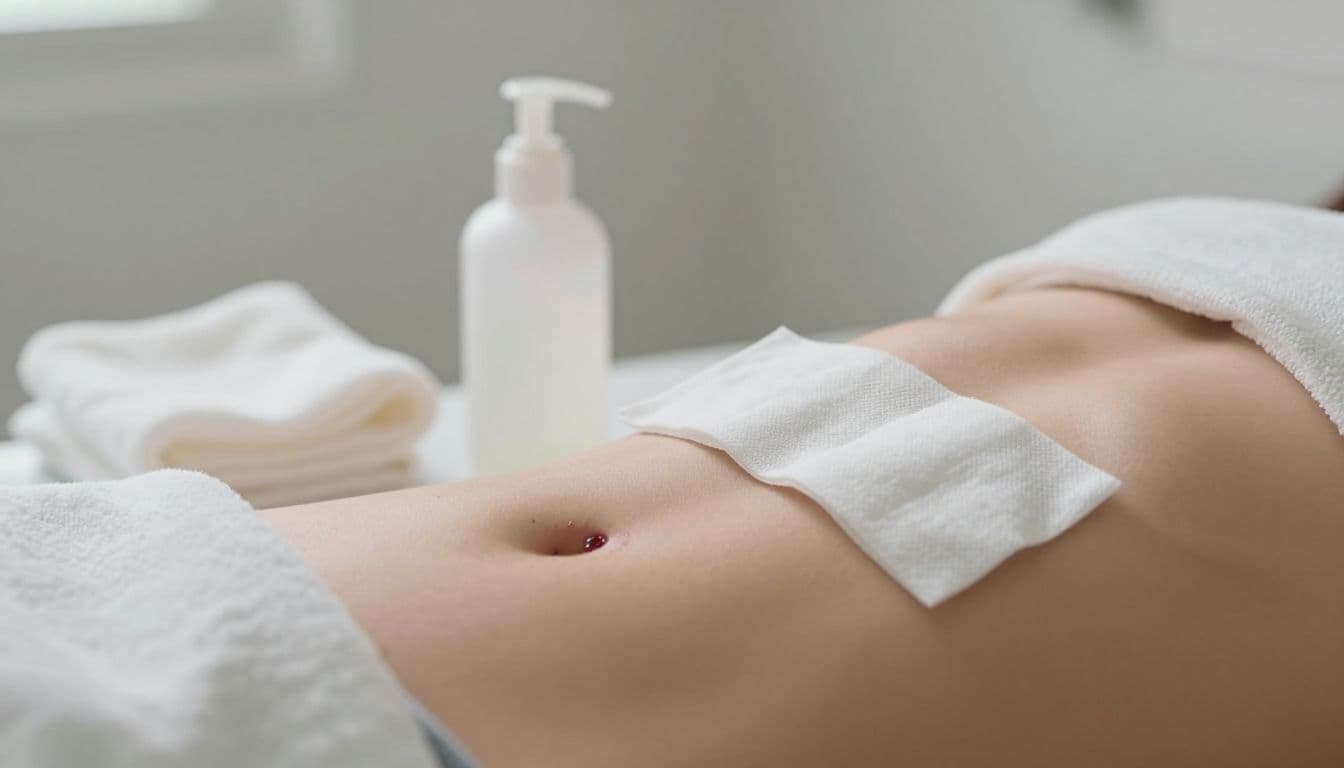 Tattooed stomach with gauze, lotion bottle, and folded cotton clothing in a clean bathroom.
