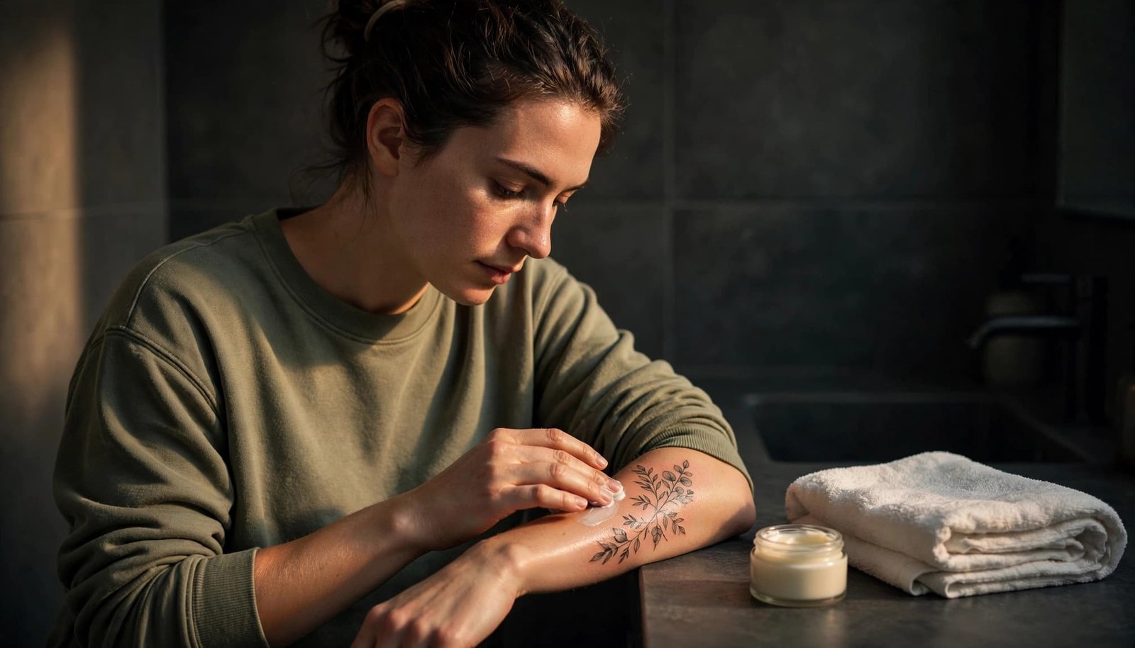 A person moisturizes a fresh forearm tattoo beside a clean towel in a warm bathroom.