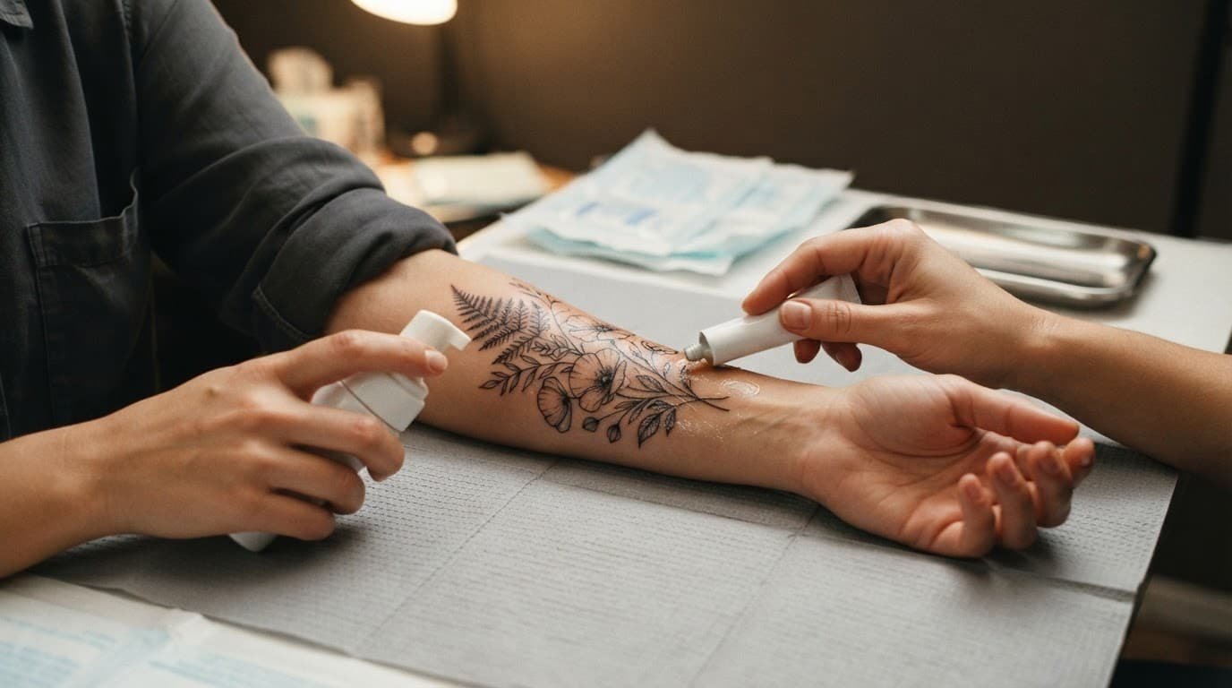 A floral forearm tattoo beside soap, paper towel, and ointment in a clean studio.