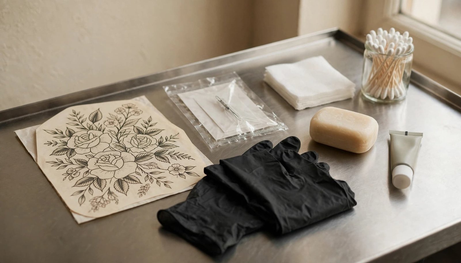 Tattoo stencil and sterile aftercare supplies arranged on a clean studio workstation.