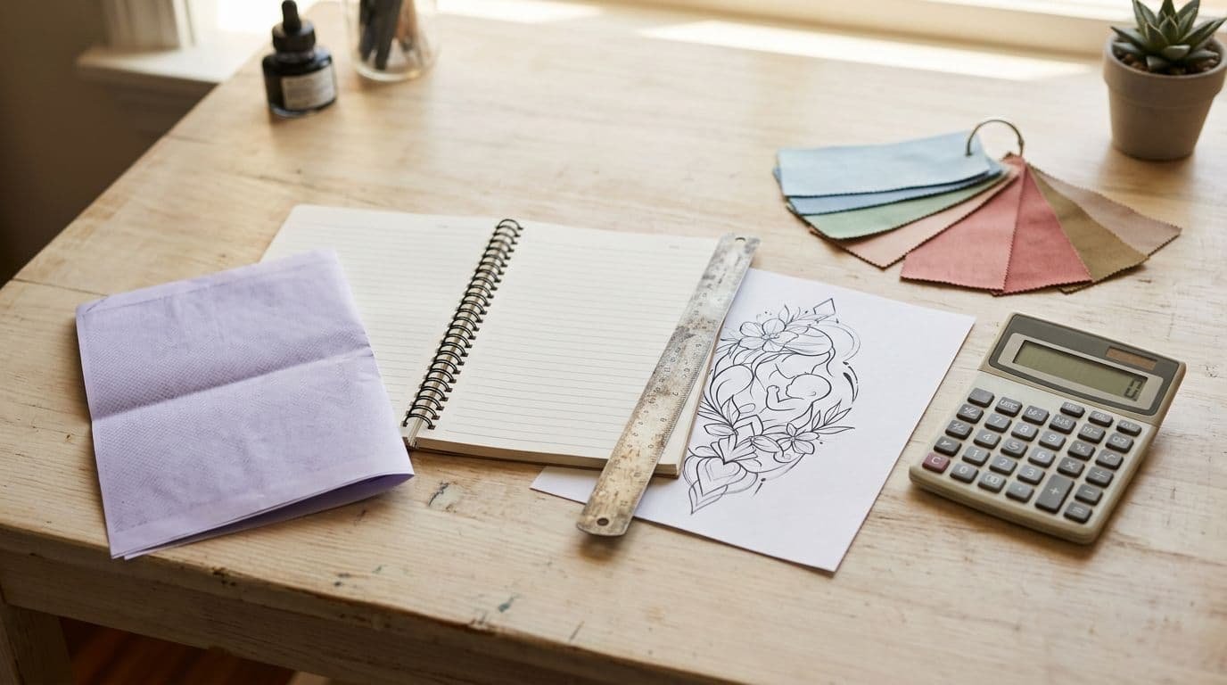 Tattoo planning papers, a ruler, color swatches, calculator, and notebook on a studio table.