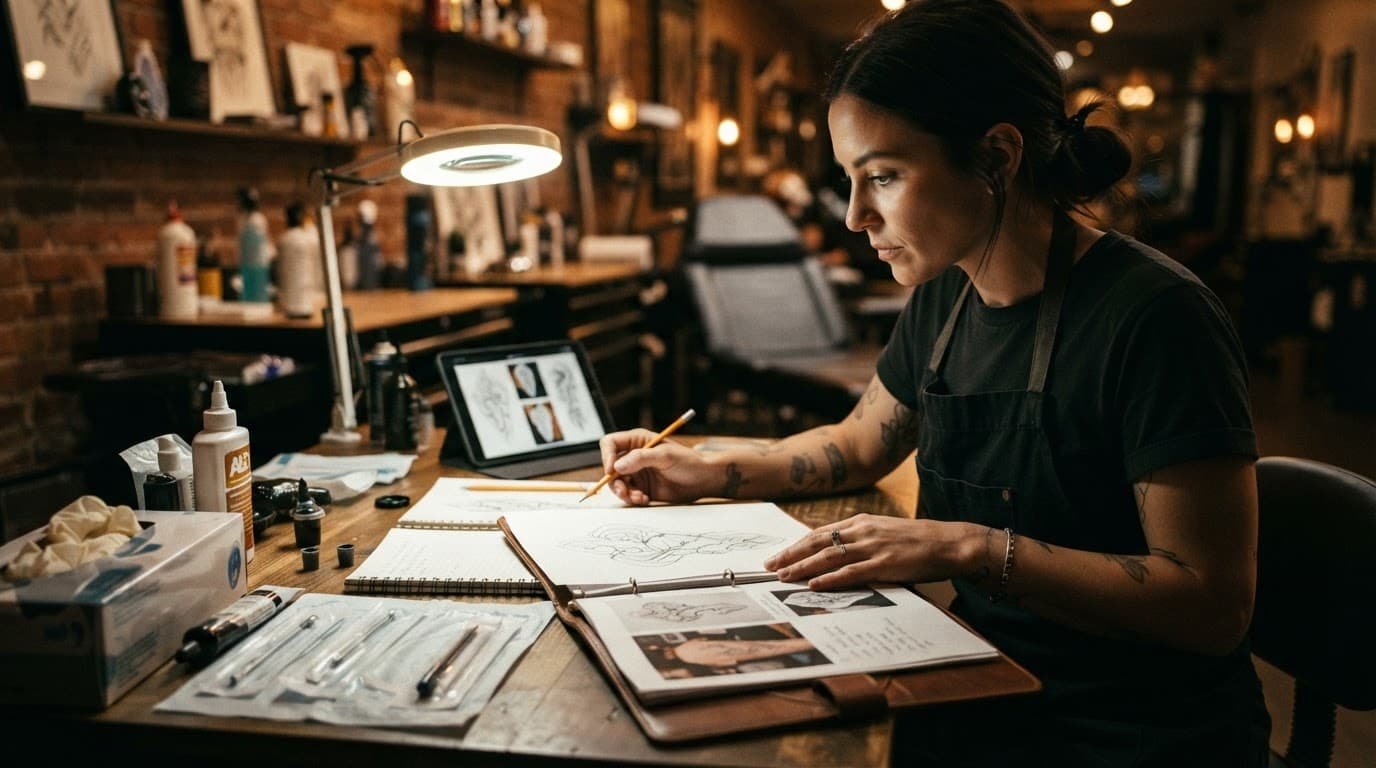 Tattoo artist reviewing sketches beside sterile supplies in a private studio.