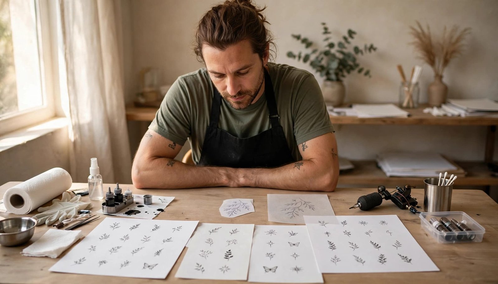 Tattoo artist reviewing a fine line stencil and portfolio prints in a calm studio.