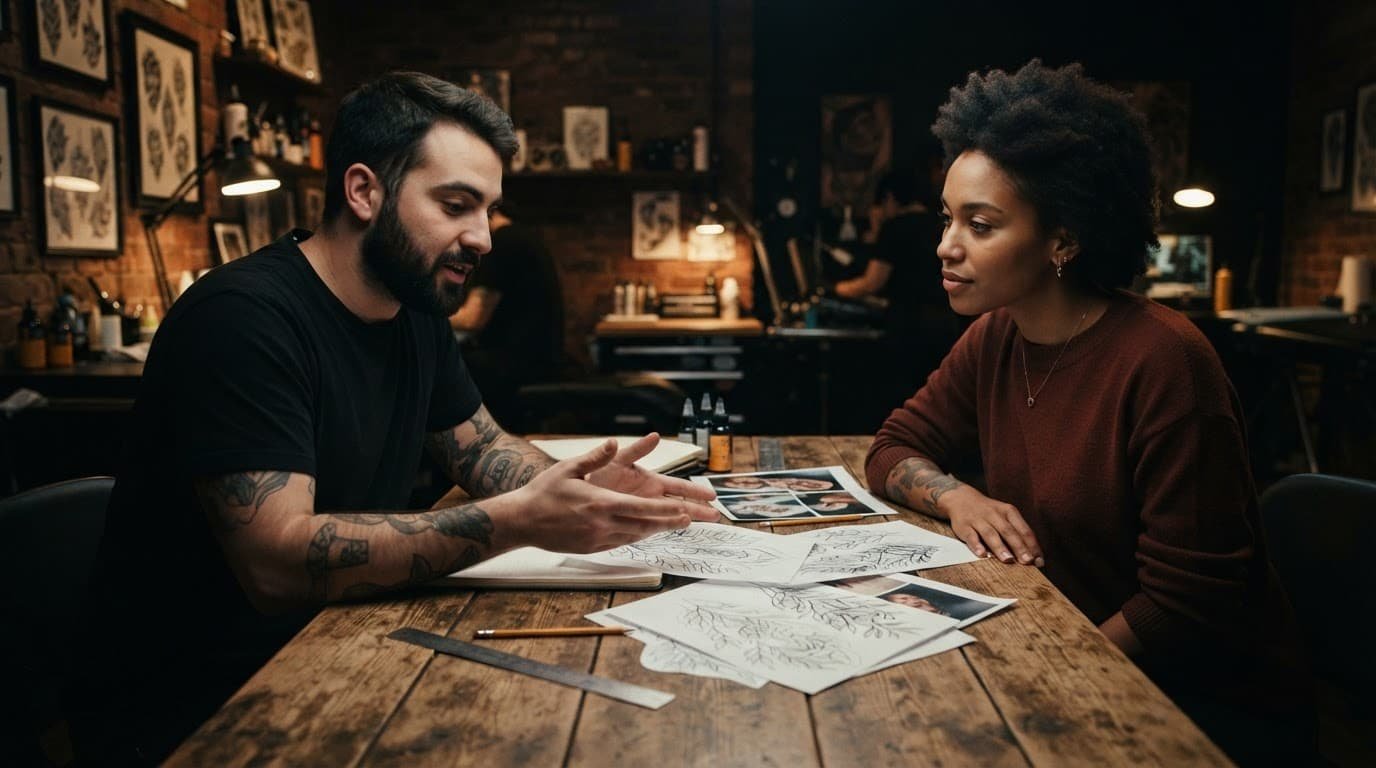 A woman and tattoo artist review tattoo sketches across a studio table.
