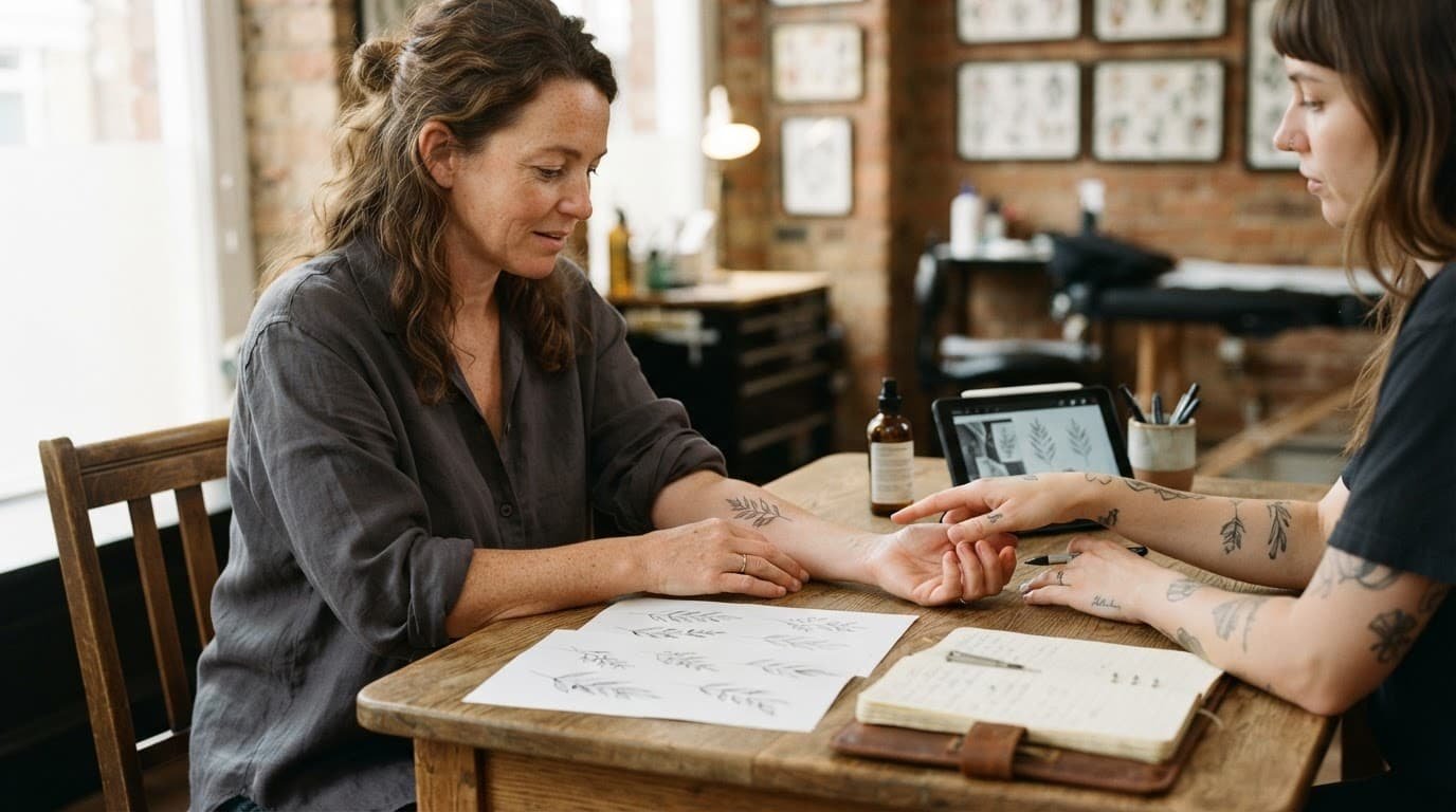 Woman showing a small forearm tattoo stencil during a studio consultation.