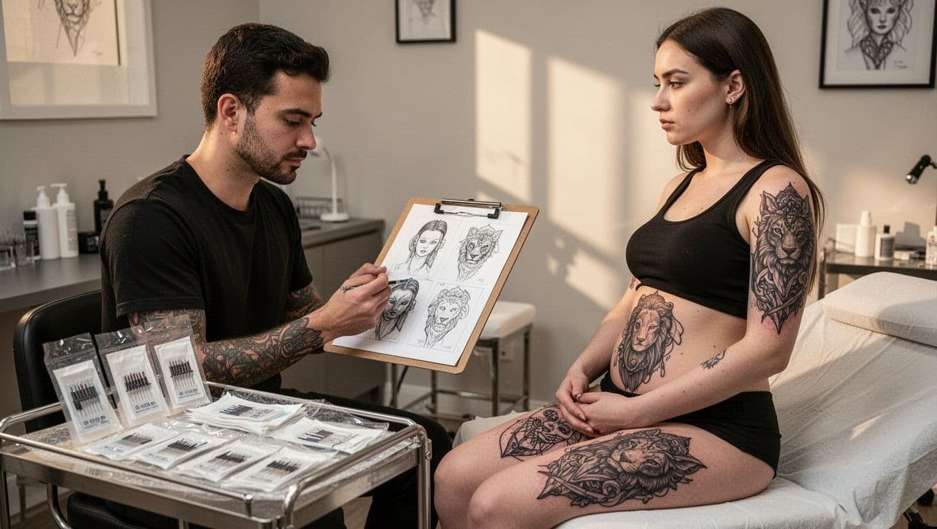 Tattoo artist reviewing a hip stencil with a seated client in a clean studio.