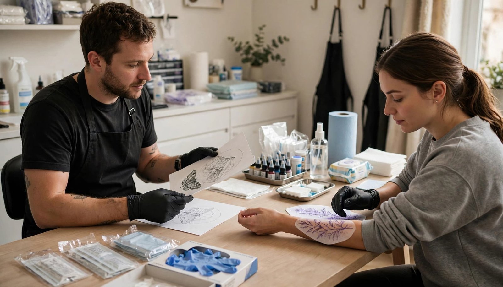 Tattoo artist and client reviewing a forearm design in a clean studio.