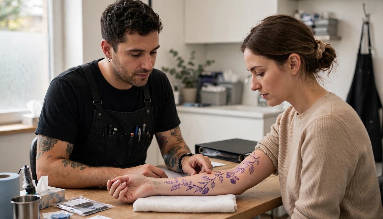 A tattoo artist and client review a vine stencil on the client's forearm.