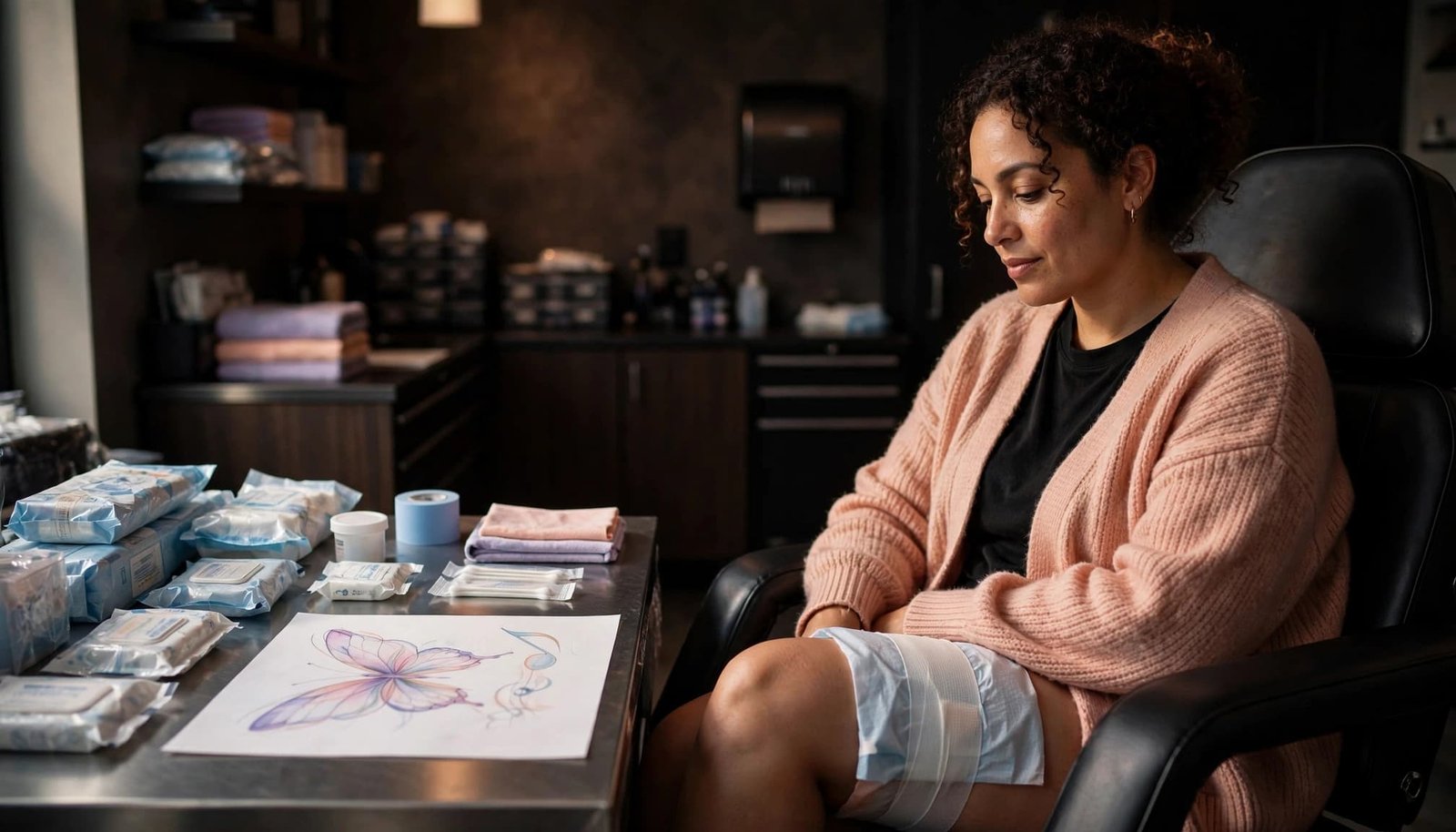 Adult seated in a clean tattoo studio beside a pastel butterfly sketch.
