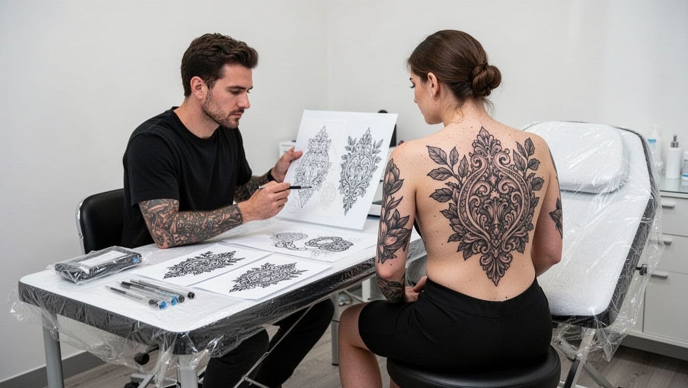 Tattoo artist reviewing a back design with a seated client in a clean studio.