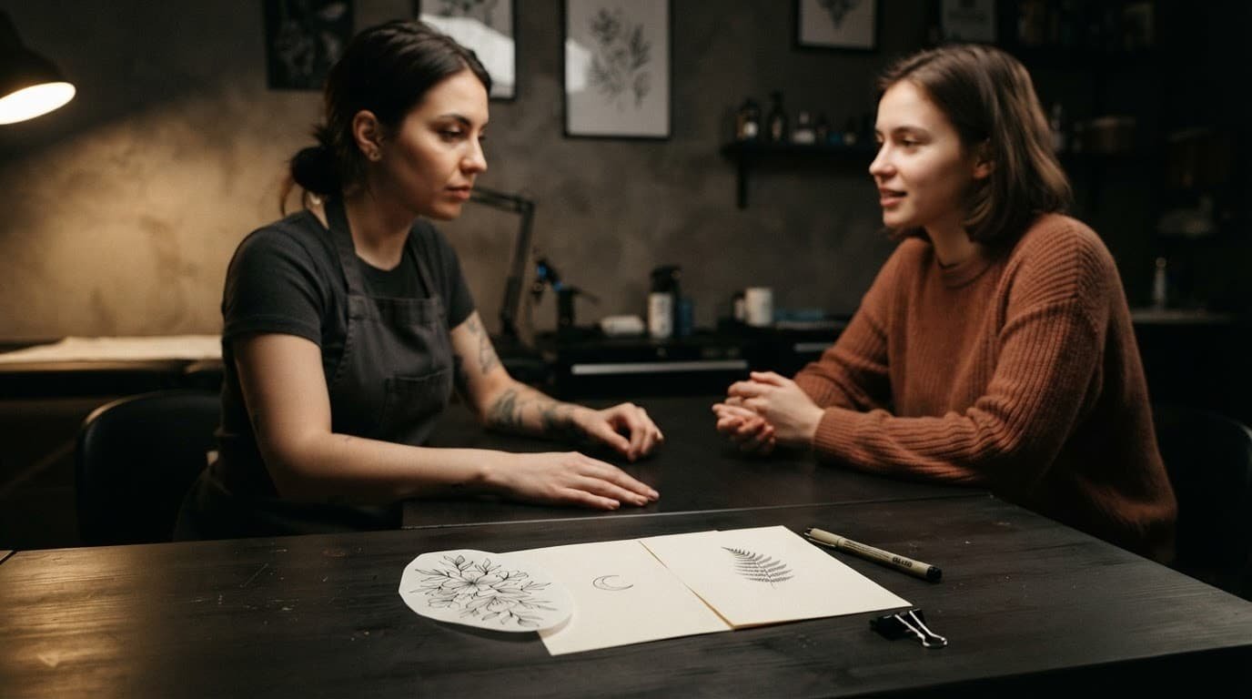 An artist and client review a small tattoo stencil at a studio table.
