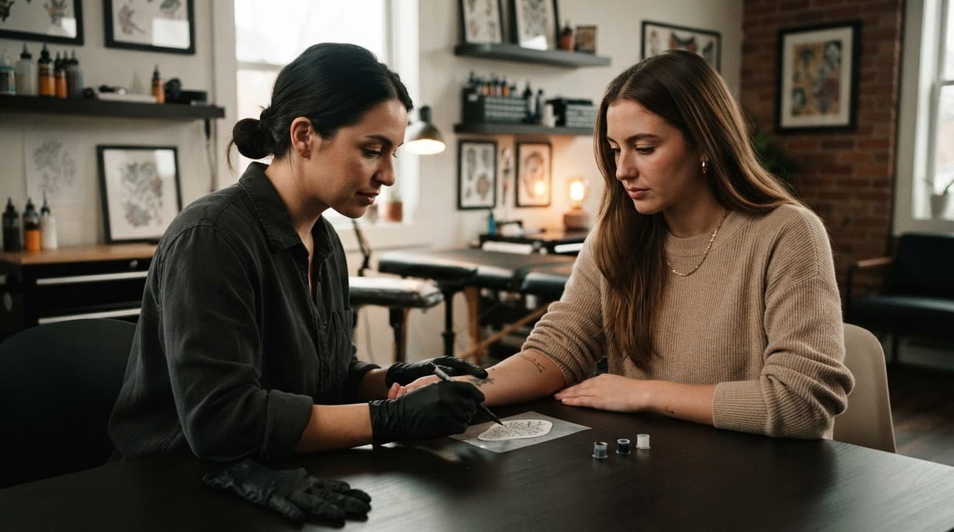 Tattoo artist and client reviewing a small stencil at a studio table.