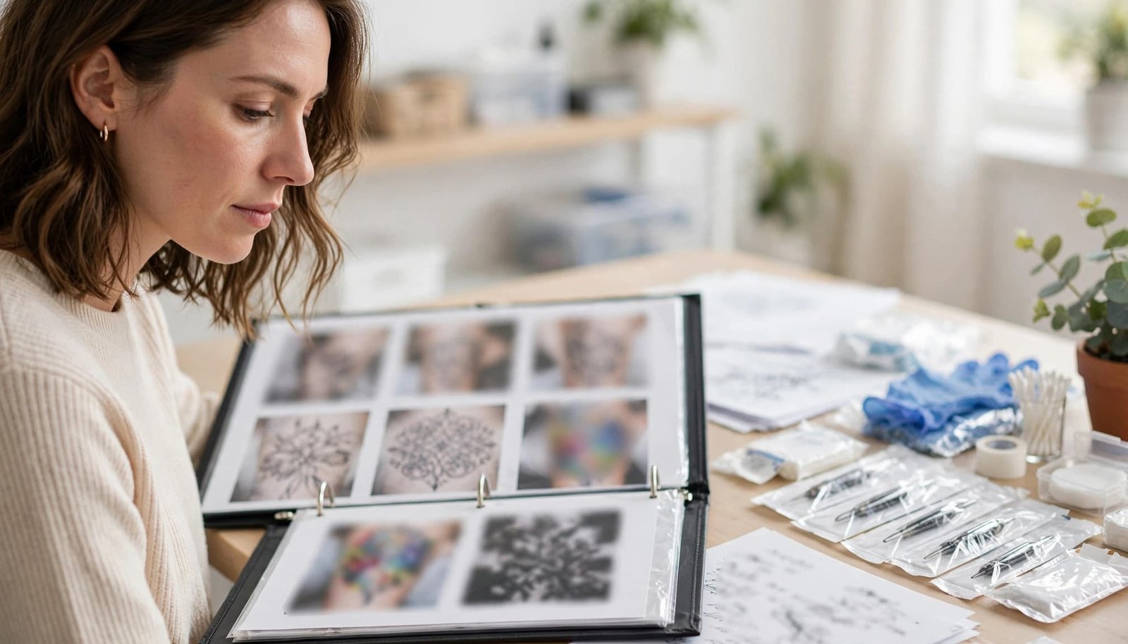 Woman reviewing tattoo references beside wrapped needles and gloves in a clean studio.