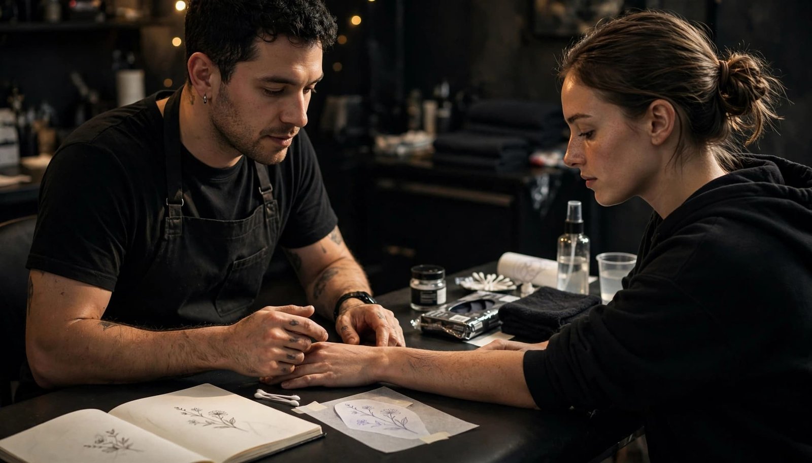 A tattoo artist and client discussing a small forearm tattoo design in a warm studio.