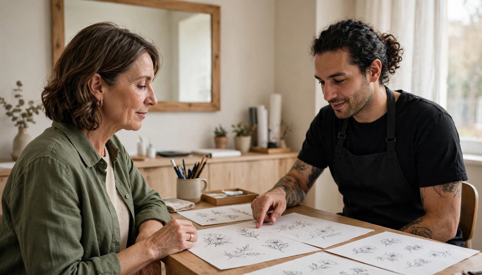 A woman reviews floral tattoo sketches with an artist in a bright studio.