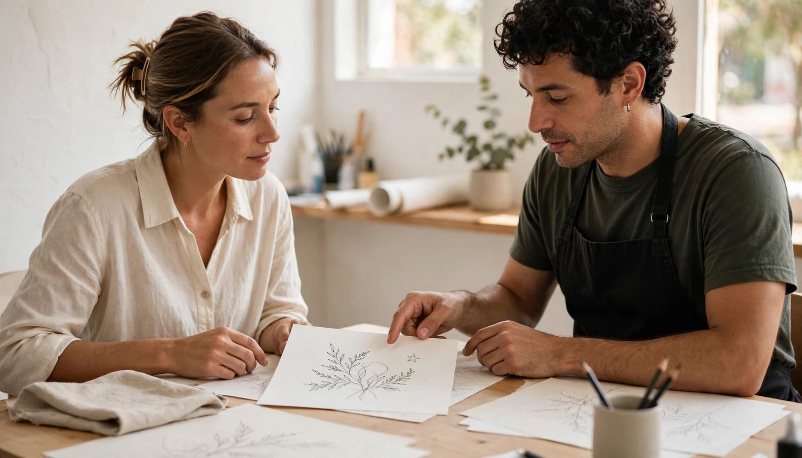 A woman and tattoo artist review a small botanical tattoo sketch at a studio table.