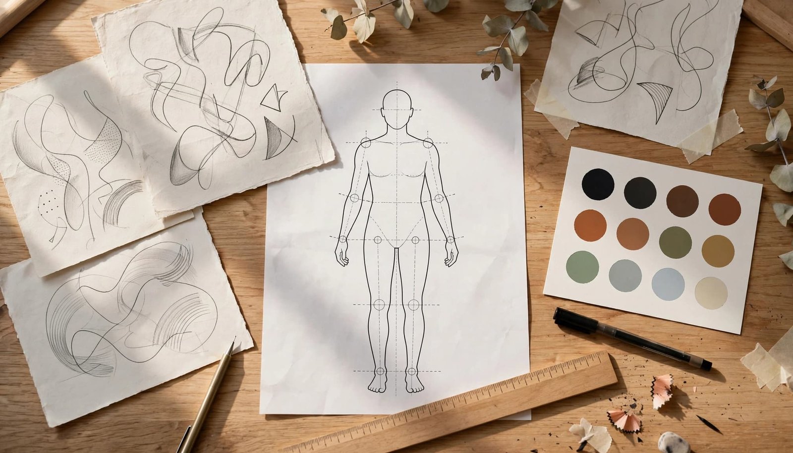 Tattoo sketches, a placement stencil, ruler, and color swatches on a wooden table.