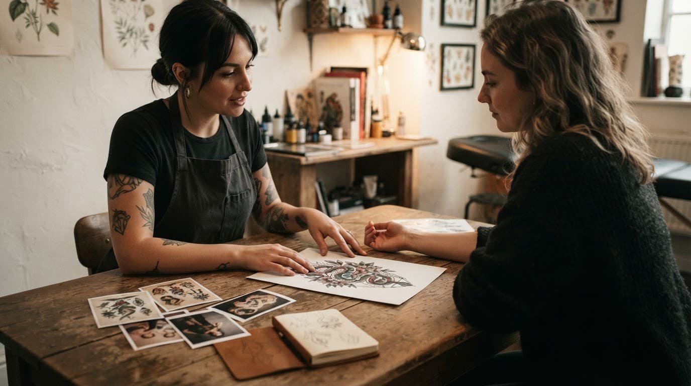 A client and tattoo artist review a tattoo sketch with reference images on a studio table.