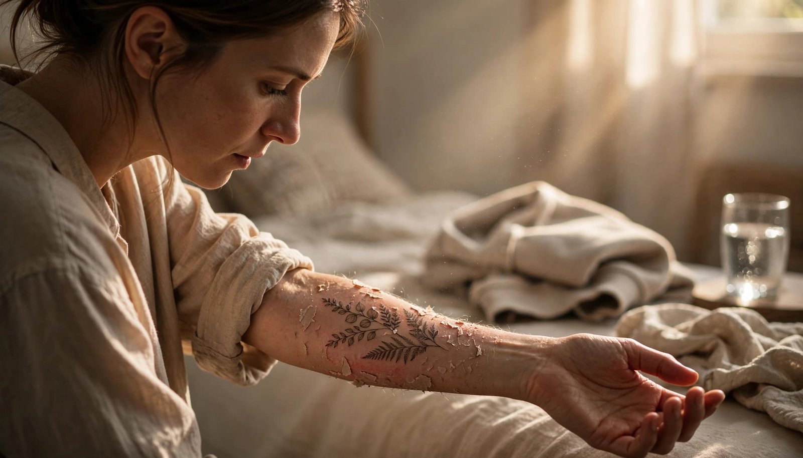 Adult examining a healing forearm tattoo in a softly lit bedroom.
