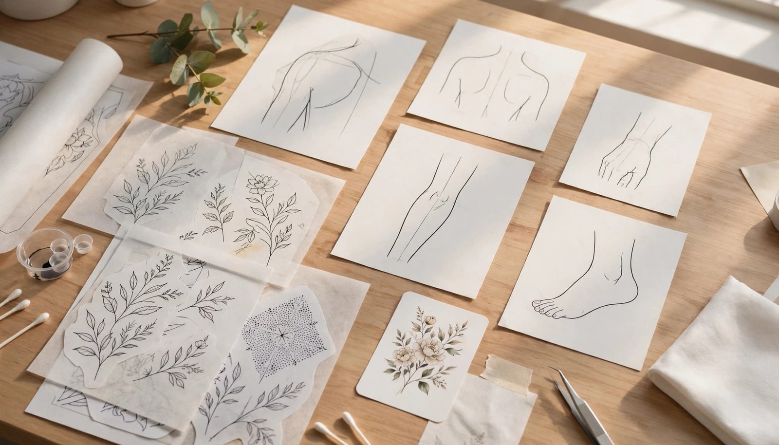 Tattoo placement sketches and stencil sheets arranged on a clean studio table.