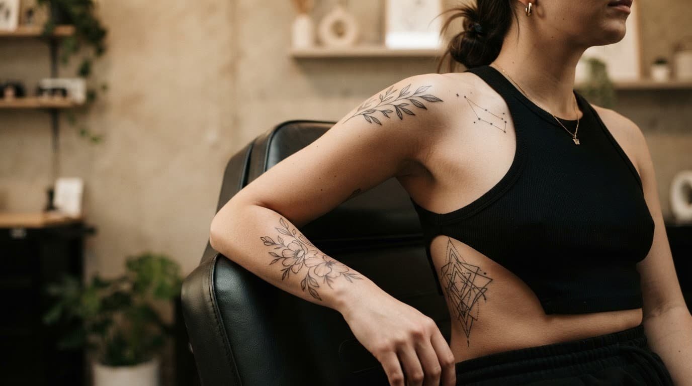 Woman's arm, shoulder, and torso show temporary tattoo placement outlines in a warm studio.