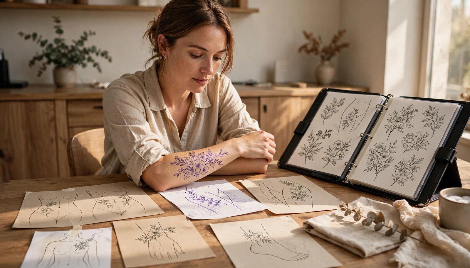 Woman reviewing a floral tattoo stencil at a bright consultation table.