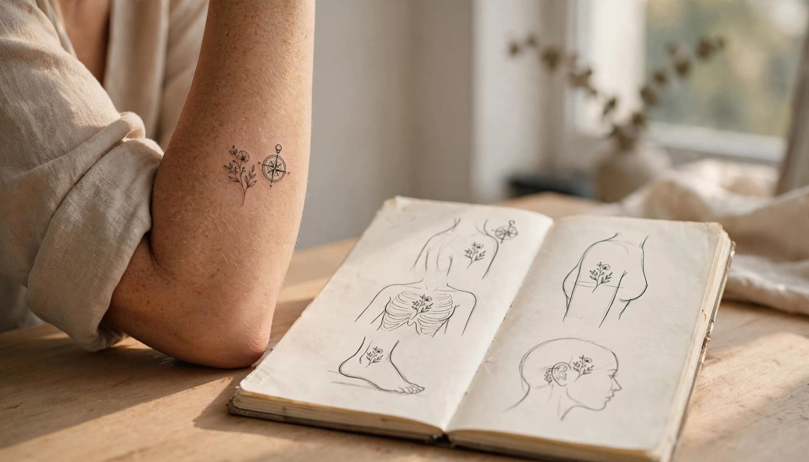 Woman's forearm tattoos beside a sketchbook showing body placement ideas.