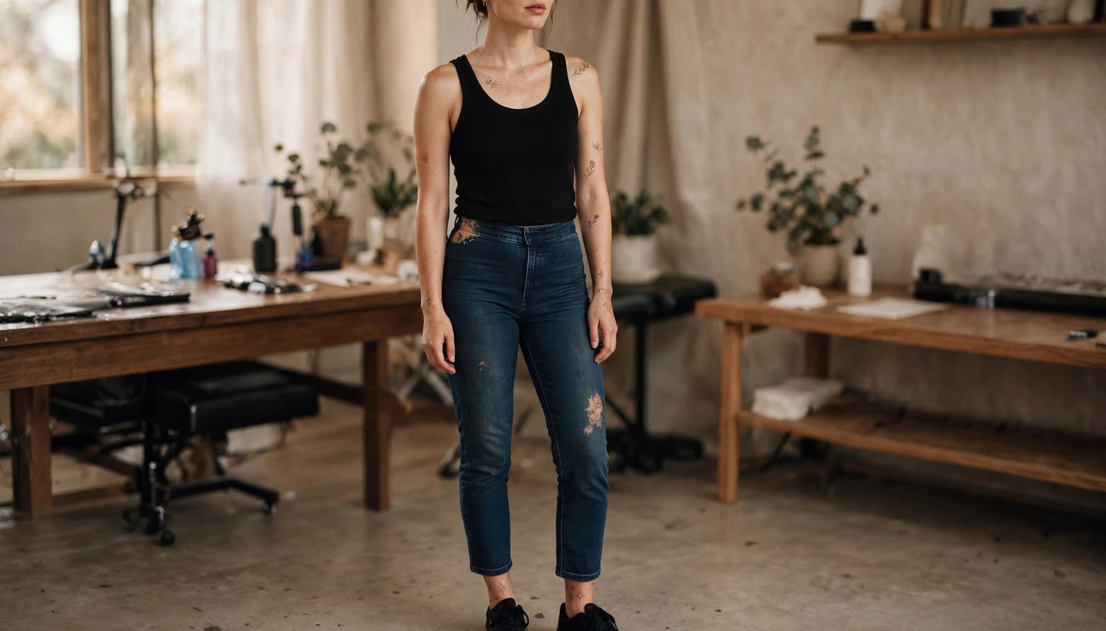 Woman in black top and jeans showing small tattoos on her shoulder, forearm, hip, and thigh.