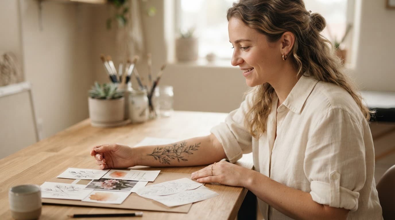 Woman reviews a mood board and stencil beside her healed arm tattoo.