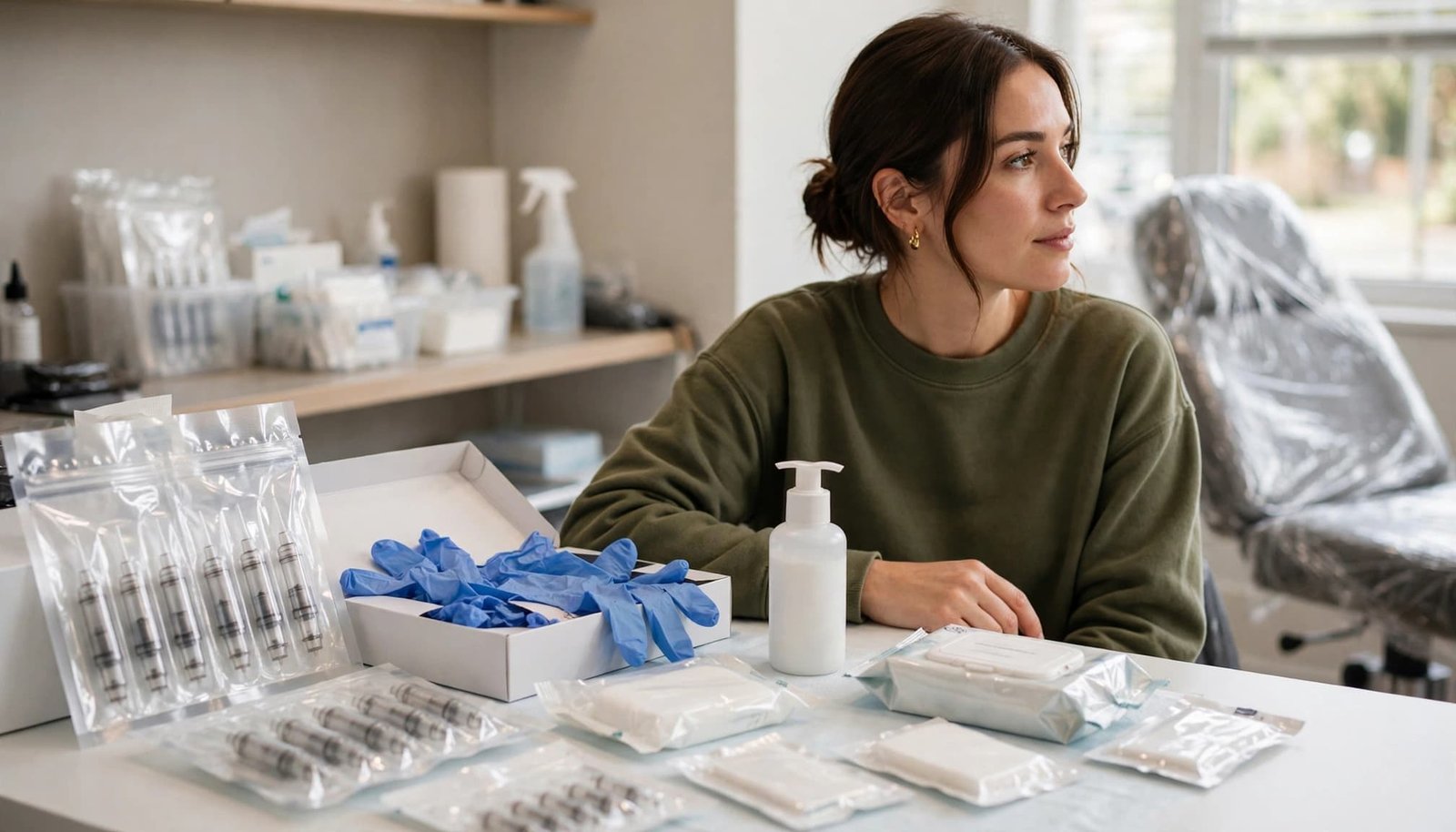 A woman reviews tattoo hygiene supplies beside a wrapped chair in a clean studio.