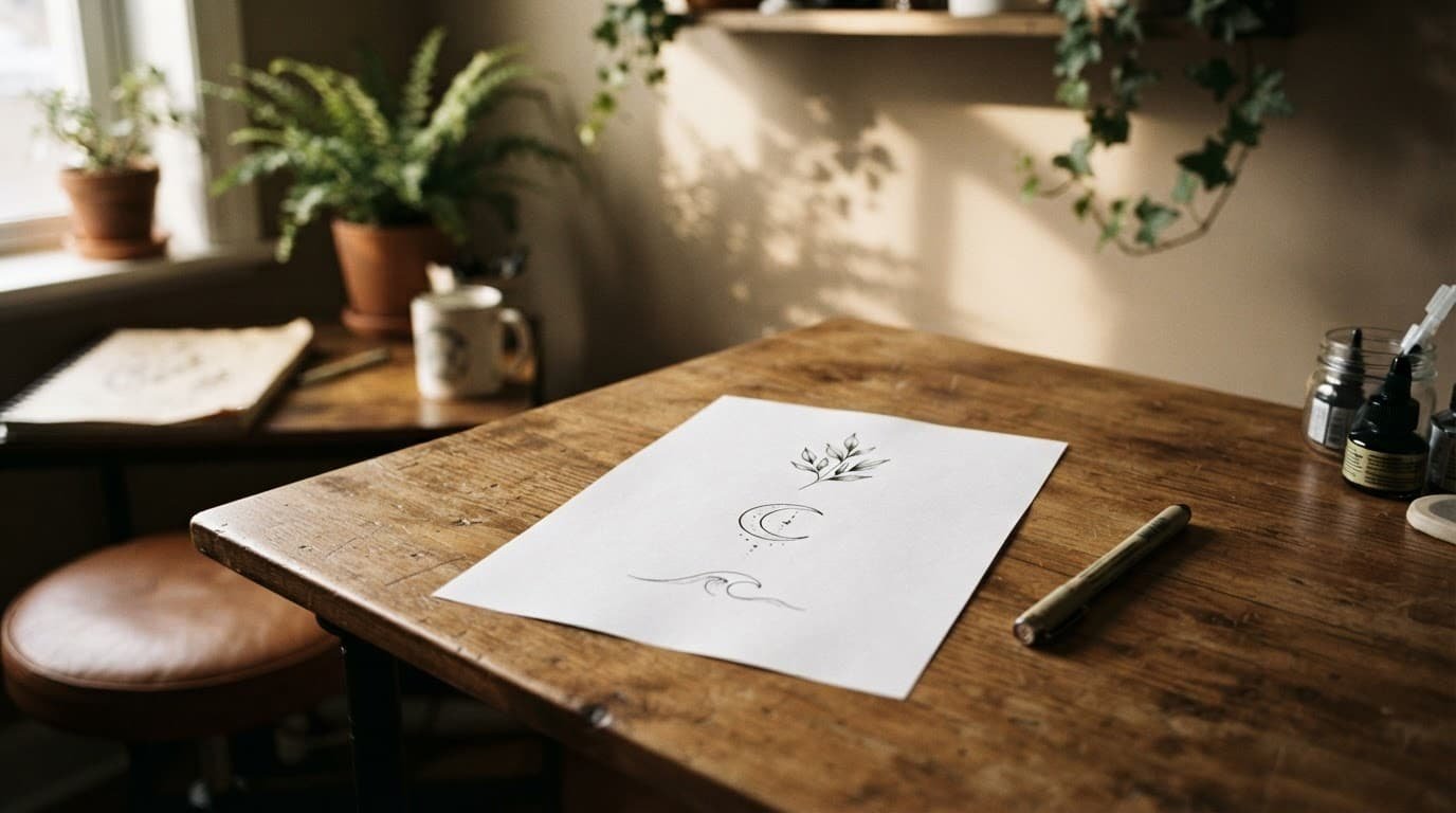 Three tattoo sketches and a pen on a wooden table in a warmly lit studio.