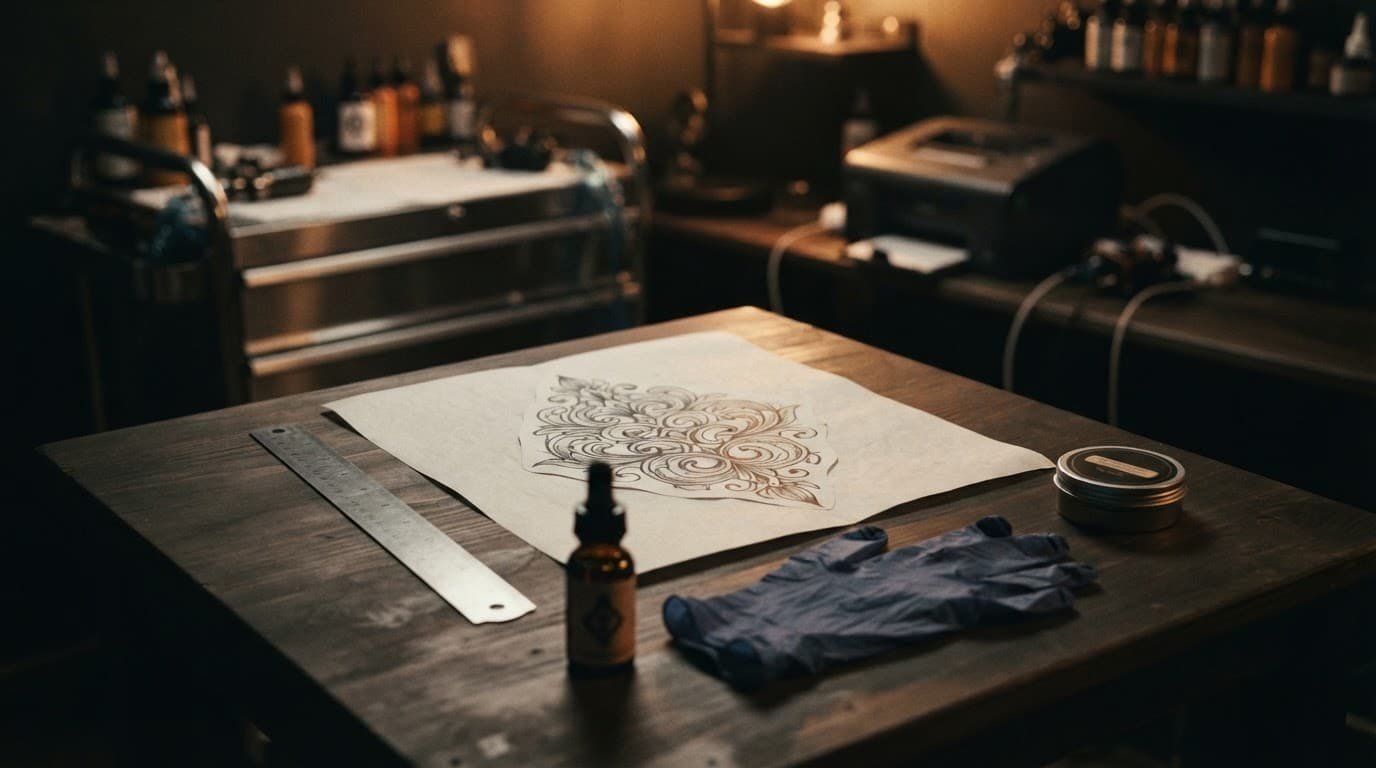 A tattoo stencil, ruler, ink bottle, gloves, and balm arranged on a studio table.