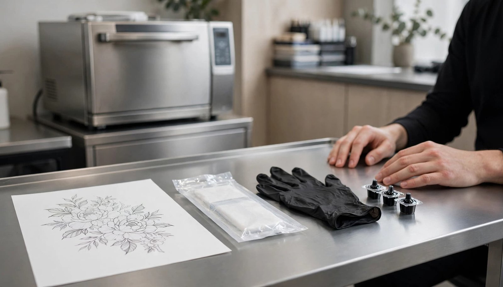 Floral tattoo sketch and sealed sterile supplies on a clean studio workstation.