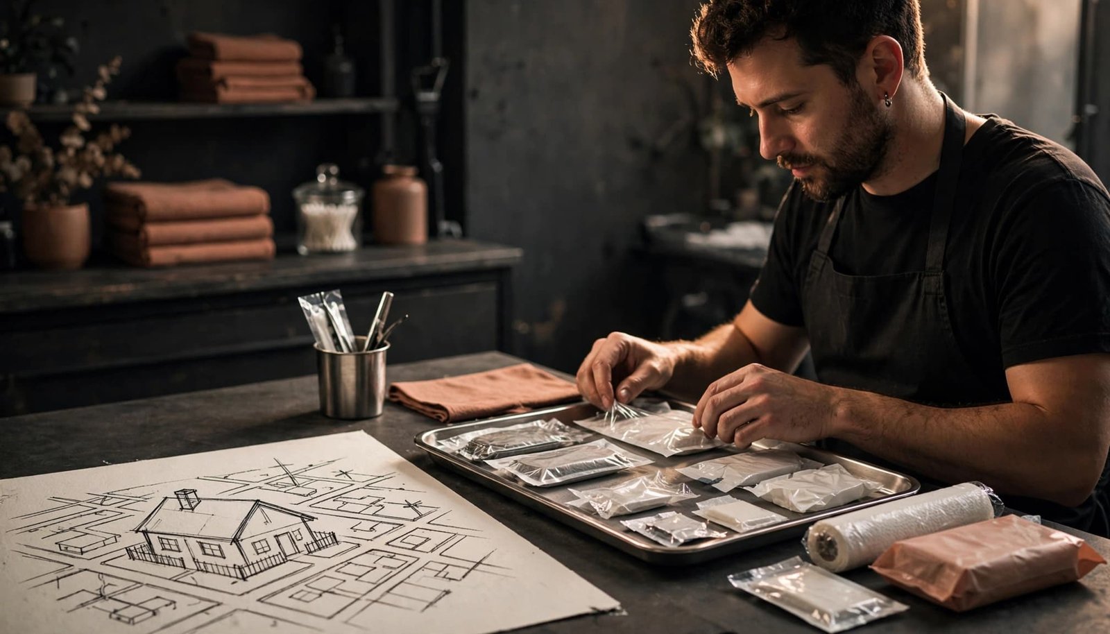 Tattoo artist preparing sealed supplies beside a neighborhood house sketch.