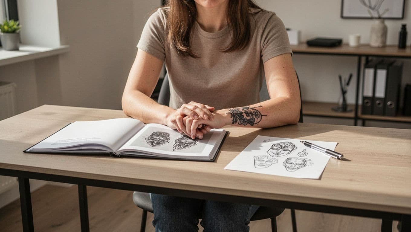 Woman considering forearm tattoo ideas beside a portfolio and stencil sheet.