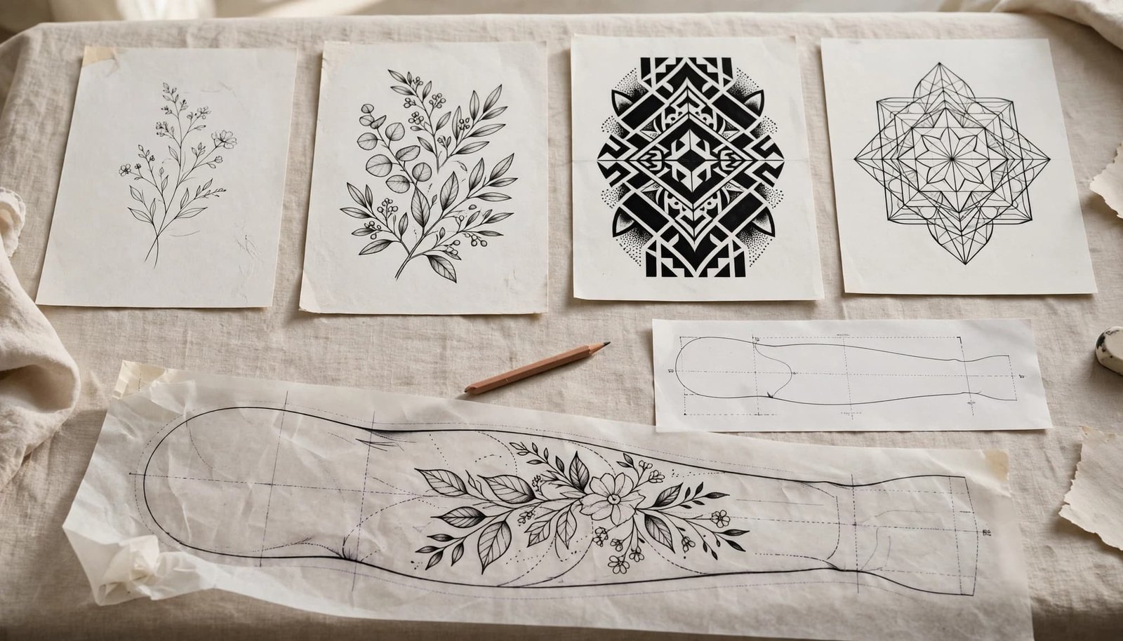 Forearm stencil beside tattoo style reference sketches on a studio table.