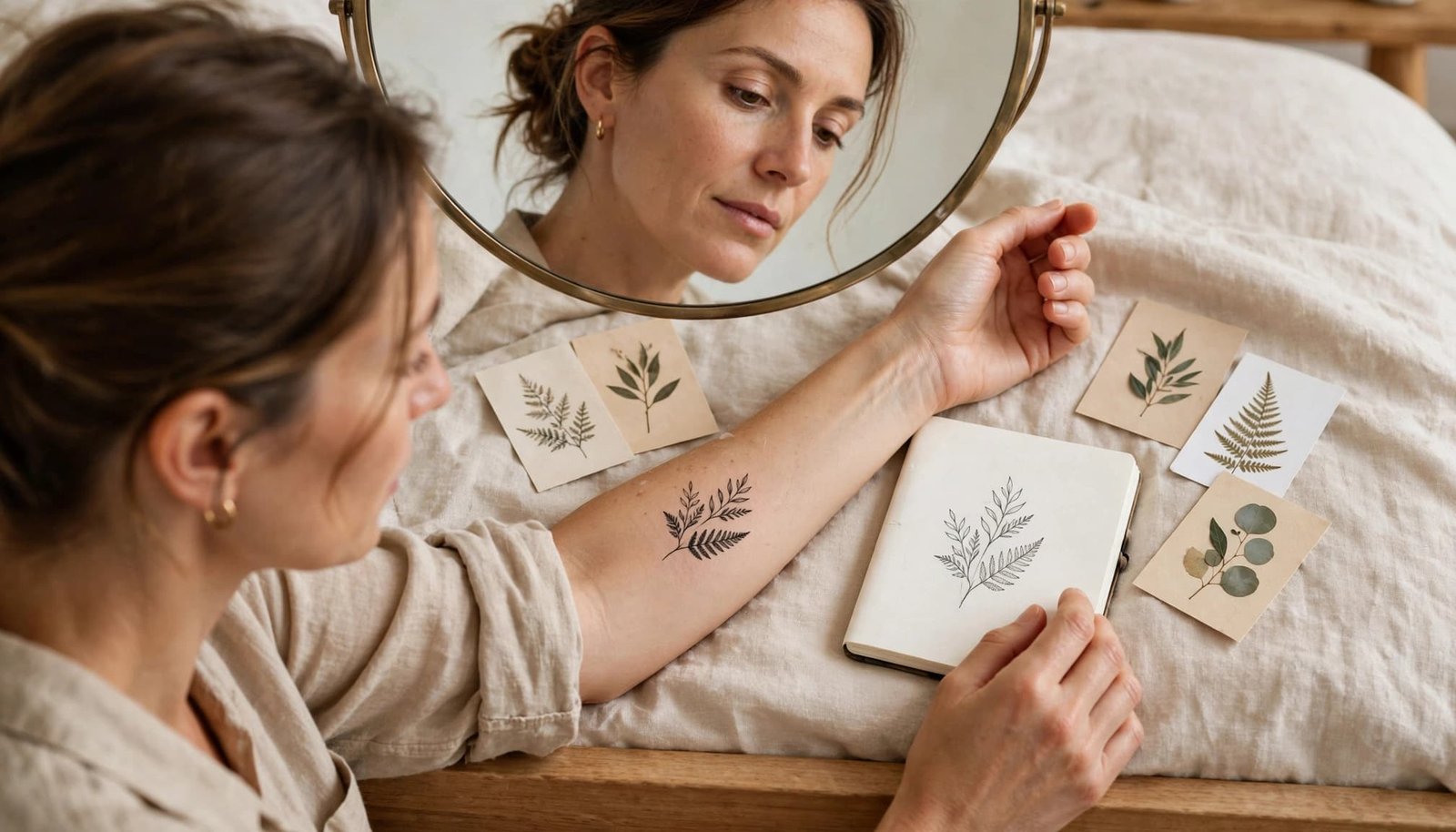 Woman comparing a tattoo sketch with a temporary forearm tattoo in a bright bedroom.